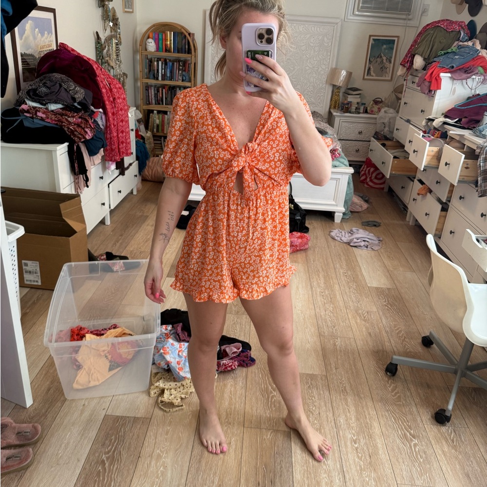 Urban Outfitters Orange Floral Jumpsuit
